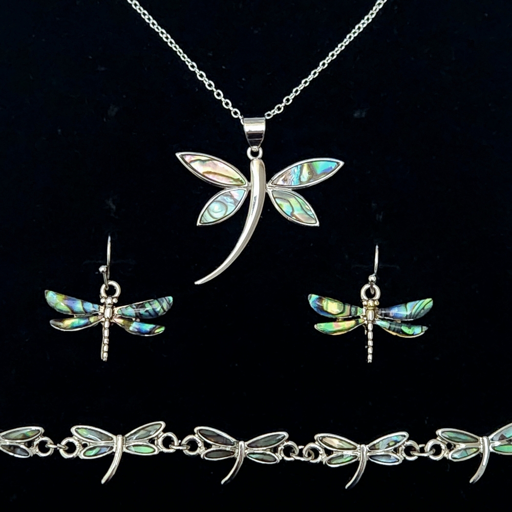 Sterling Silver And Abalone Shell Dragonfly Jewelry Set Plus Pendant
